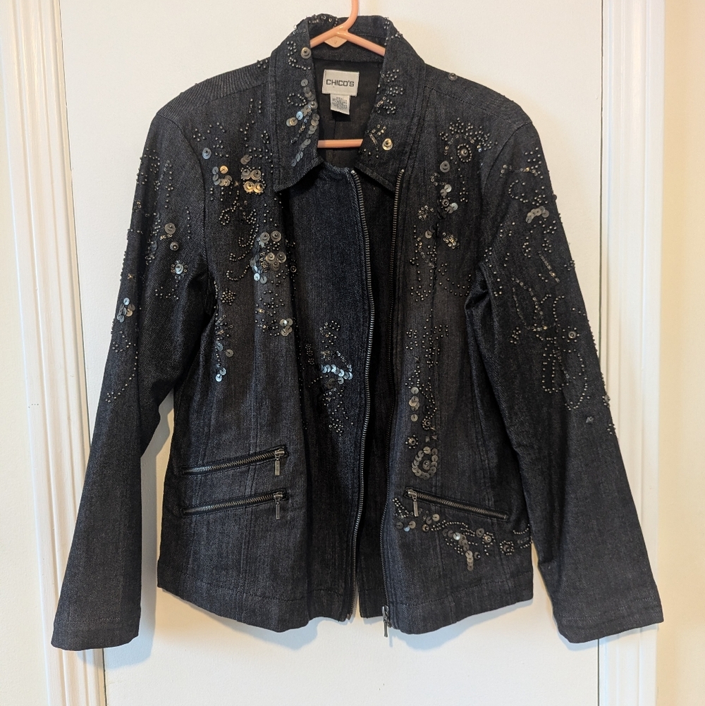 Chico's Vintage 90s Dark Jean Jacket with Embellishments - Picture 12 of 12